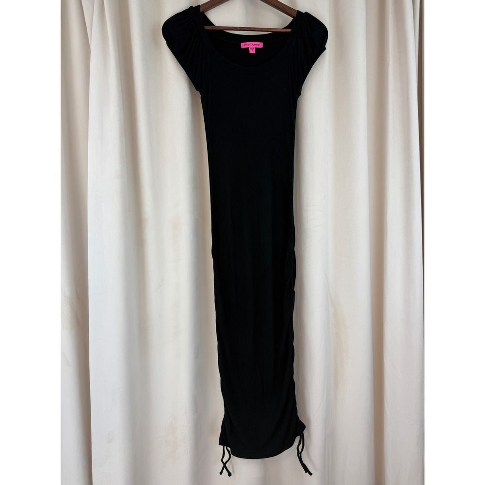 Betsey Johnson Black Ribbed Puff Sleeve‎ Bodycon Midi Dress – Size Small